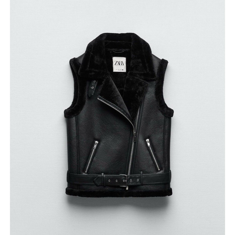 NWOT ZARA Biker Moto‎ Double Faced Jacket Faux Leather Shearling Lined Black XS
